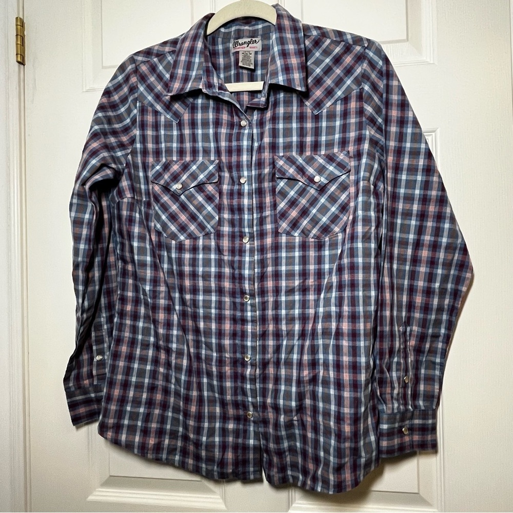 Wrangler Women's Plaid Pearl Button-Down Shirt - Blue and Red Size Medium